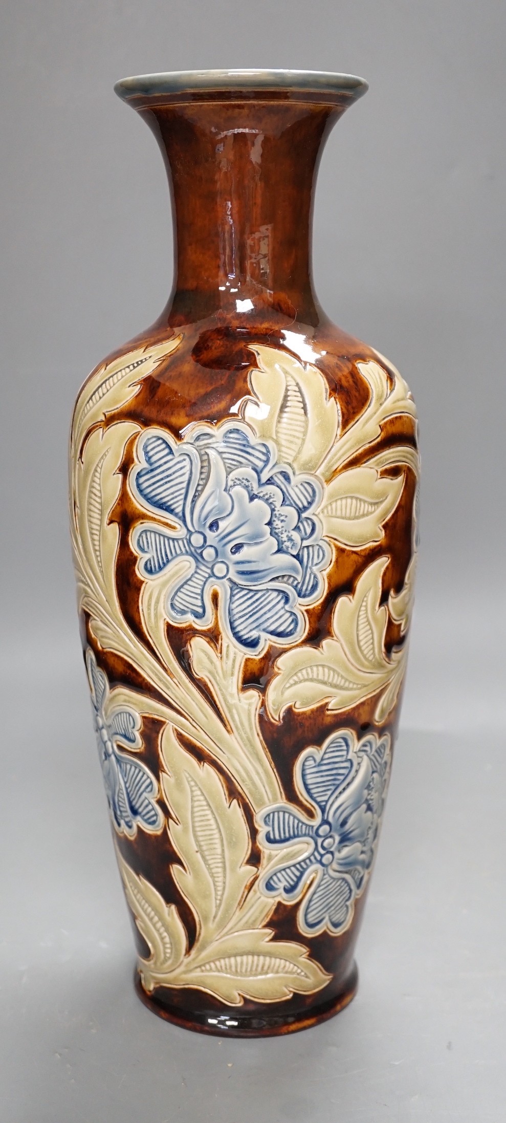 Louisa E. Edwards, a Doulton Lambeth floral vase, dated 1884, 39cm high